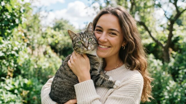 Happy young woman holding her tabby cat in a lush sunny garden