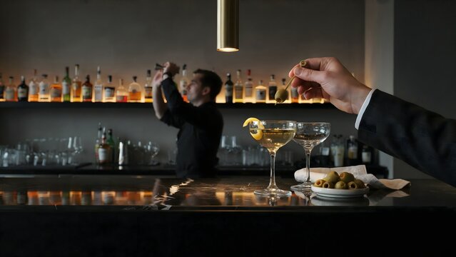 Skilled bartender preparing cocktails behind bar with liquor bottles and illumination
