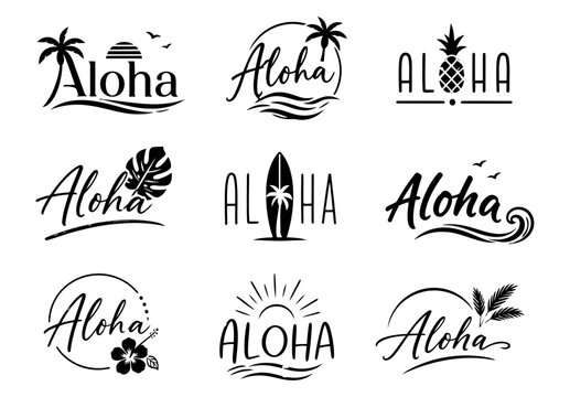 Aloha tropical typography set with 9 black vector logos, Hawaiian summer lettering with palm trees and hibiscus, beach vacation emblems for apparel