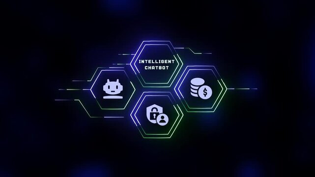Modern futuristic HUD interface featuring intelligent chat bot icon for automated AI conversational system