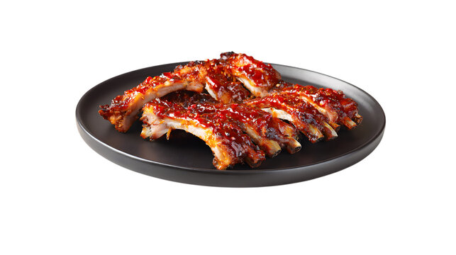 BBQ ribs served on dark round plate