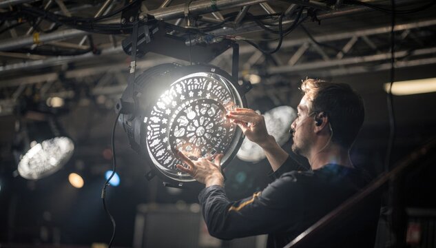 Crew member attaching patterned gobos to fixtures focused gobo shapes contrasting with blurry background of other theater equipment.