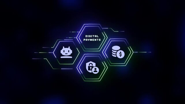 Futuristic digital payments concept illustration featuring AI bot, money coins, and secure account privacy shield