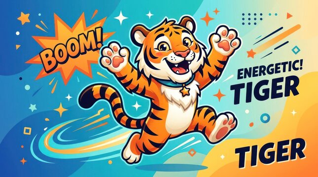 Energetic cartoon tiger jumping with excitement and stars
