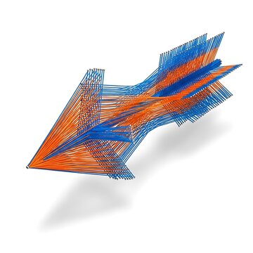 3D futuristic arrow icon with glowing blue and orange light trails in abstract motion
