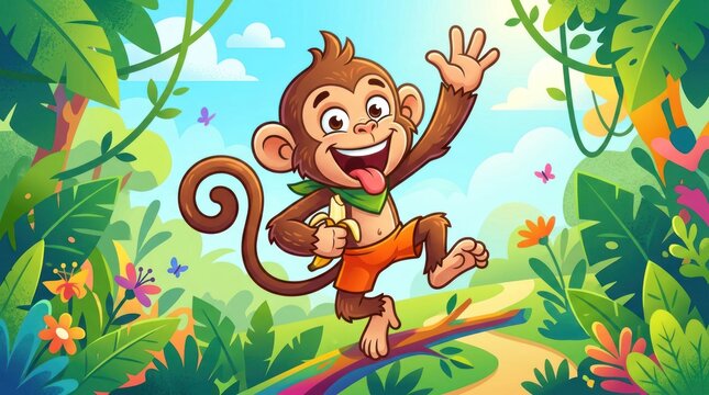 Joyful cartoon monkey with banana in lush jungle environment illustration