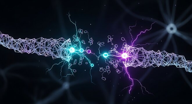 3D medical illustration of glowing neural network connecting human brain and nervous system in dark space