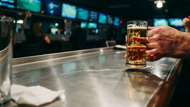 Man Holding a Glass of Beer at a Bar Counter in a Nightclub Setting