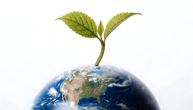 Green leaf sprouting from top of Earth globe symbolizing growth and sustainability