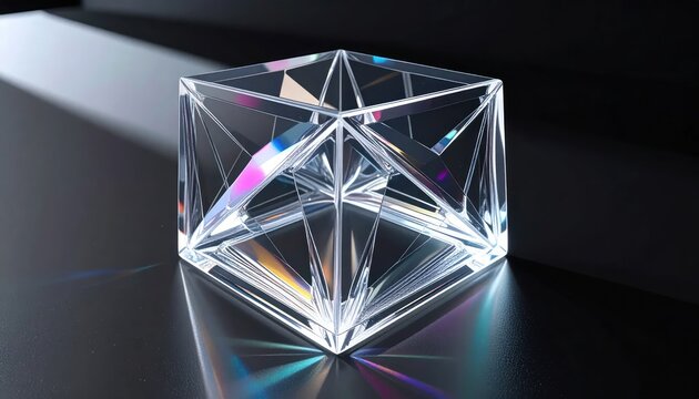 Transparent geometric crystal cube with colorful light reflections.