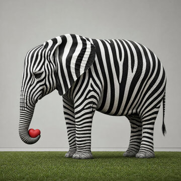 Hybrid elephant with zebra stripes standing on grass, holding a red heart