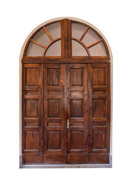 Elegant classical dark brown solid wood entrance door featuring four paneled sections and a semi-circular radial transom arched window above. Isolated
