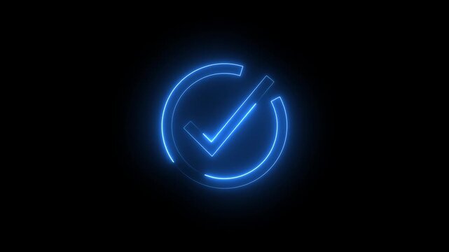 Glowing neon blue color checkmark sign icon animation circle tick accept done right confirm ok yes verify success sign symbol on black background