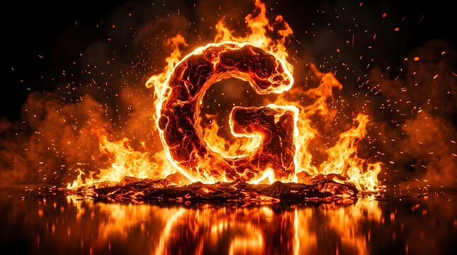 A glowing, molten letter G standing in intense fire and flames, set on a reflective dark surface with glowing embers.