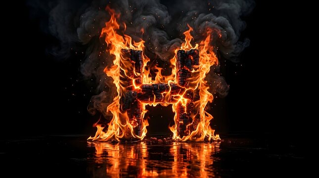 Burning letter H made of glowing charcoal embers and fire flames on black background