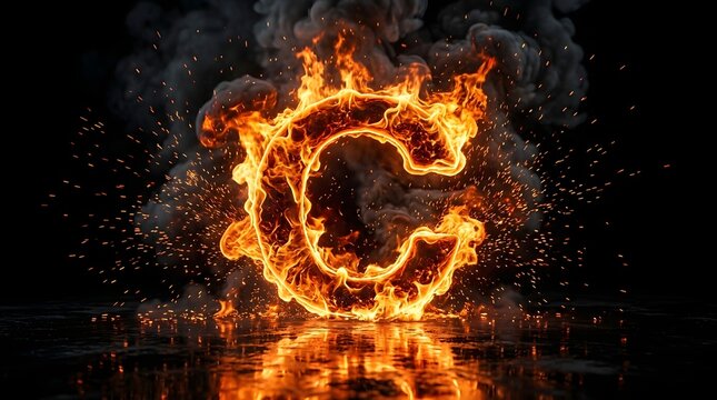 Flaming letter C typographic element with fire, smoke, and sparks on a black background