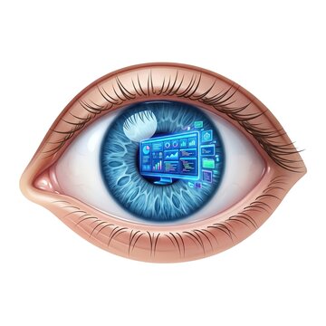 Human eye with a digital screen and glowing data interface reflected in the blue iris on a white background