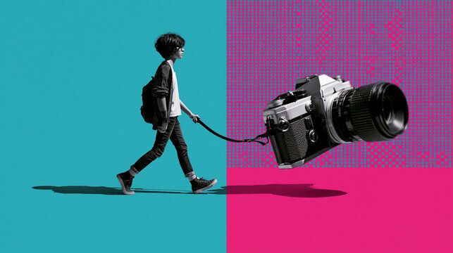 Surreal Pop Art Concept of Person Walking Camera Like Pet