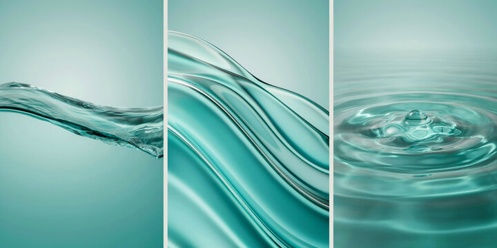 Three panel set of abstract water waves and river rocks in line art style.