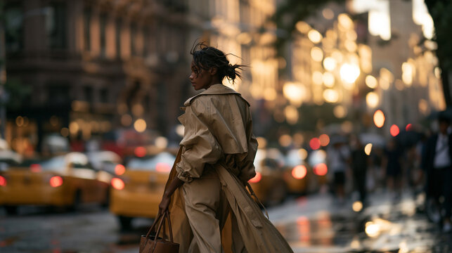 Fashionable Woman in Trench Coat Walking on City Street at Sunset
