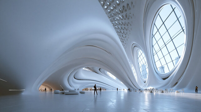 Modern Futuristic Architectural Interior with Organic Curved White Structure