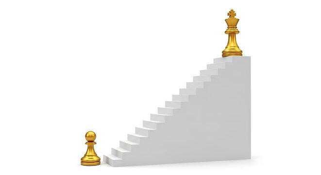 Golden chess king on top of stairs with a pawn standing at bottom