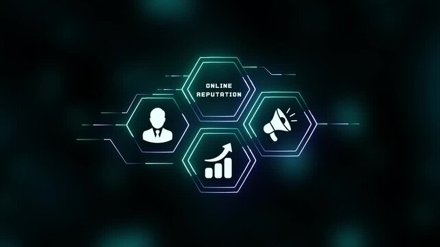 Digital futuristic technology display showcasing online reputation concept with user and business icons on dark background.