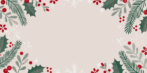 Holly and berry floral ornament with snowflakes on a pale beige background a winter season illustration leaves berries ilex wintergreen snow crystals botanical © Ranajit