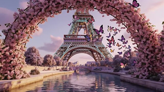 A Dreamlike Paris Garden Scene with Blossoming Archways, Butterflies, and the Eiffel Tower at Dusk