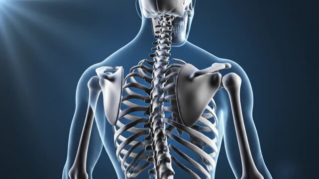 Human skeletal system chest and shoulder anatomy medical illustration transparent body blue background scientific concept