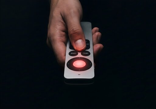 A hand holding a modern television remote control with a glowing red light button against a dark background
