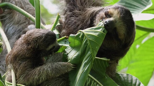 Mother three-toed sloth with baby eating leaves in Costa Rican rainforest