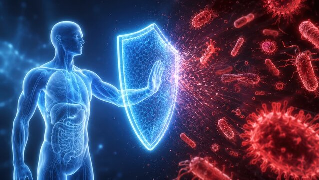 Depiction of Human Immune System Defending Against Microbial Threats with a Shield, Showcasing the Battle Between the Body and Pathogens in a Colorful Illustration