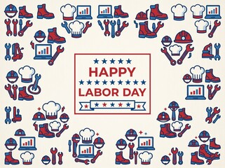 Fototapeta premium Happy Labor Day Greeting Card with Flat Icons of Work Tools, Hard Hats, Chef Hats, and Boots in Red and Blue Colors