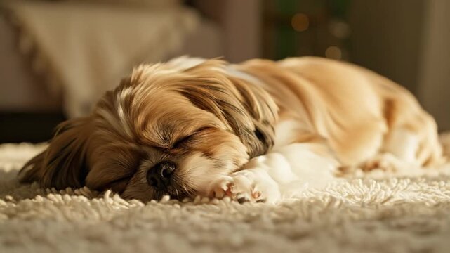 Relaxed Shih Tzu dog sleeping peacefully on a cozy rug warm sunlight domestic tranquility comfort rest indoor pet life