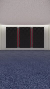 Vertical 4K Pulsing Red LED Lights Studio Background Seamless Looped. Geometric black acoustic panels are illuminated by vertical led lines pulsing smoothly in a vibrant crimson red color 