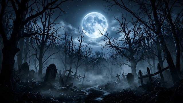 A spooky halloween graveyard scene featuring a glowing full moon shining over dark silhouettes of bare trees and ancient weathered stone tombstones tonight