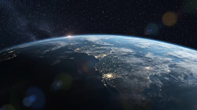 Sunrise over Earth from space showing continents Africa and Europe stars and cosmos background Global view