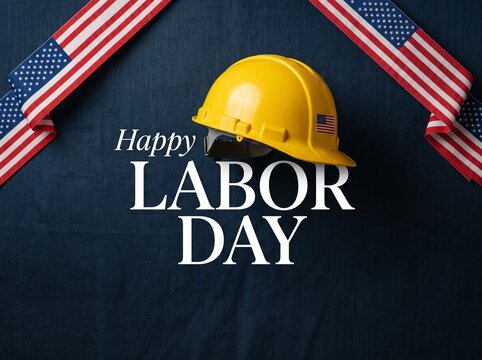 Happy Labor Day Greeting with Yellow Hard Hat and American Flag Ribbons on Dark Blue Textured Background