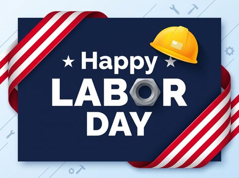 Happy Labor Day Greeting Card with Yellow Hard Hat, Metal Nut, and American Flag Ribbon on Blue Background