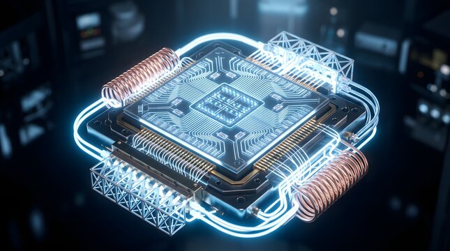 A digitally rendered, glowing blue microchip processes complex data within a futuristic dark environment, illustrating cutting-edge technological innovation for commercial applications.
