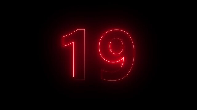 Glowing red neon number nineteen on black background digit light typography graphics color digit light typography graphics color