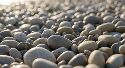 Fototapeta premium Close-Up Macro Shot of Smooth Sea Pebbles with Golden Hour Glow — Textured Rounded Stones in Neutral Tones and Soft Bokeh Background