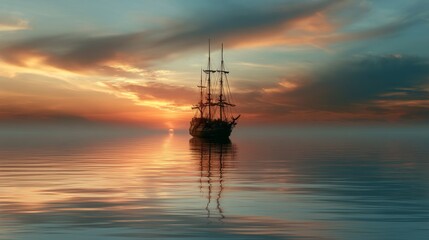 Fototapeta premium Majestic sailing ship anchored in calm waters at sunset with vibrant clouds and warm colors reflecting on the tranquil sea surface