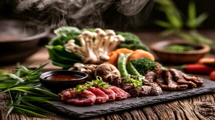 Fototapeta premium Fresh raw ingredients for gourmet cooking including beef, vegetables, mushrooms, and sauce arranged on a slate platter with steam rising in a warm kitchen