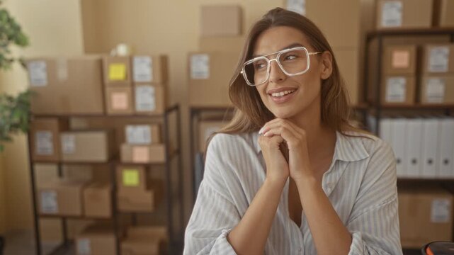 Young hispanic woman with glasses clasping hands under chin amid stacked shipping boxes on metal shelves in a building, smiling and posing for camera; entrepreneurial optimism.