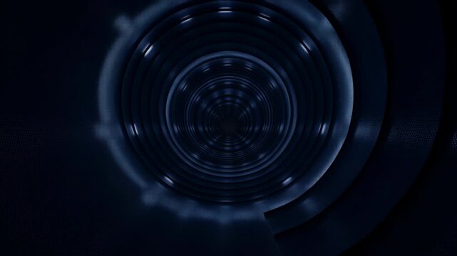 Centered concentric dark blue tunnel with glossy inner bands, textured outer rings, circular symmetry, deep vanishing point, reflective shading, smooth gradients, and abstract futuristic mood