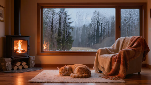 A large panoramic window, flooded with rain, a cozy interior, a fireplace, a cat sleeping on a beige carpet.