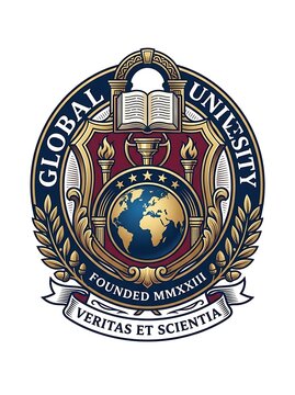 Academic university crest with globe and book symbols