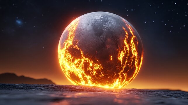 Fiery Orb Planet Against Starry Night